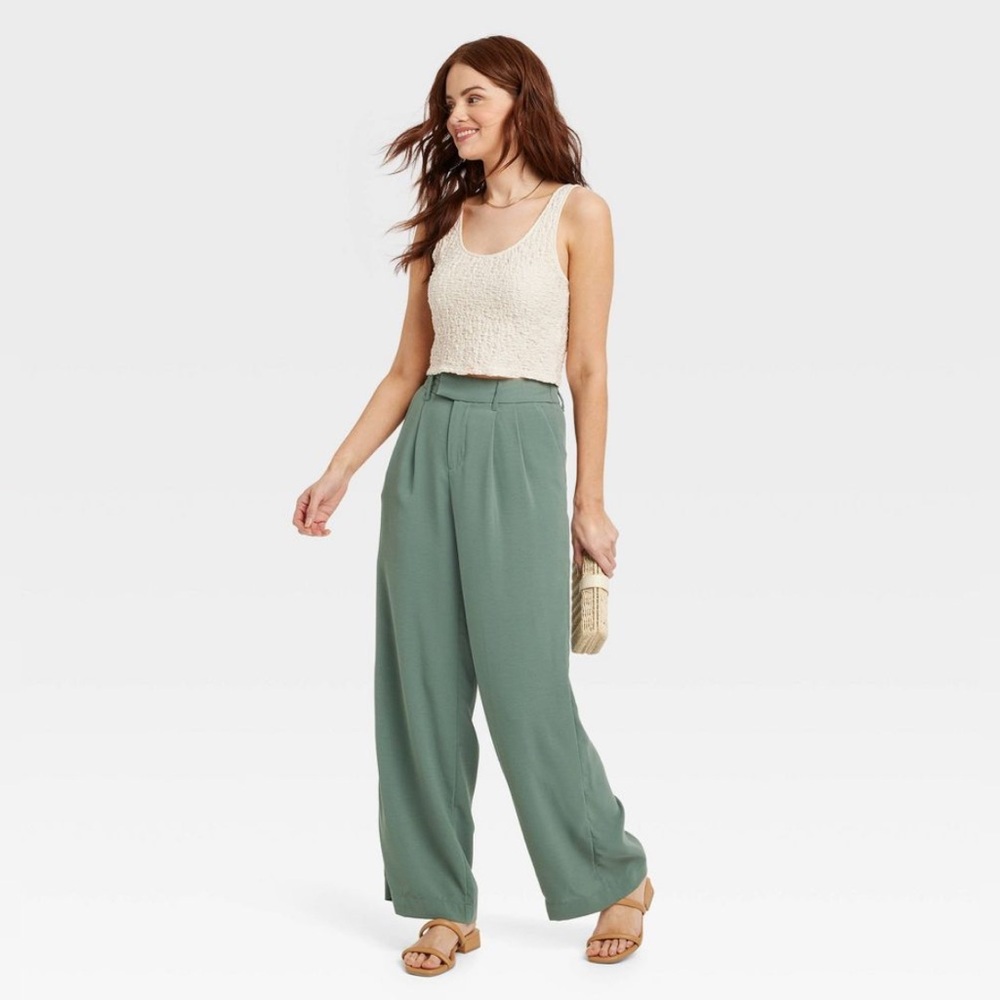 A New Day Green Wide Leg Fluid Pleated Waist High Rise Pants Size 14S